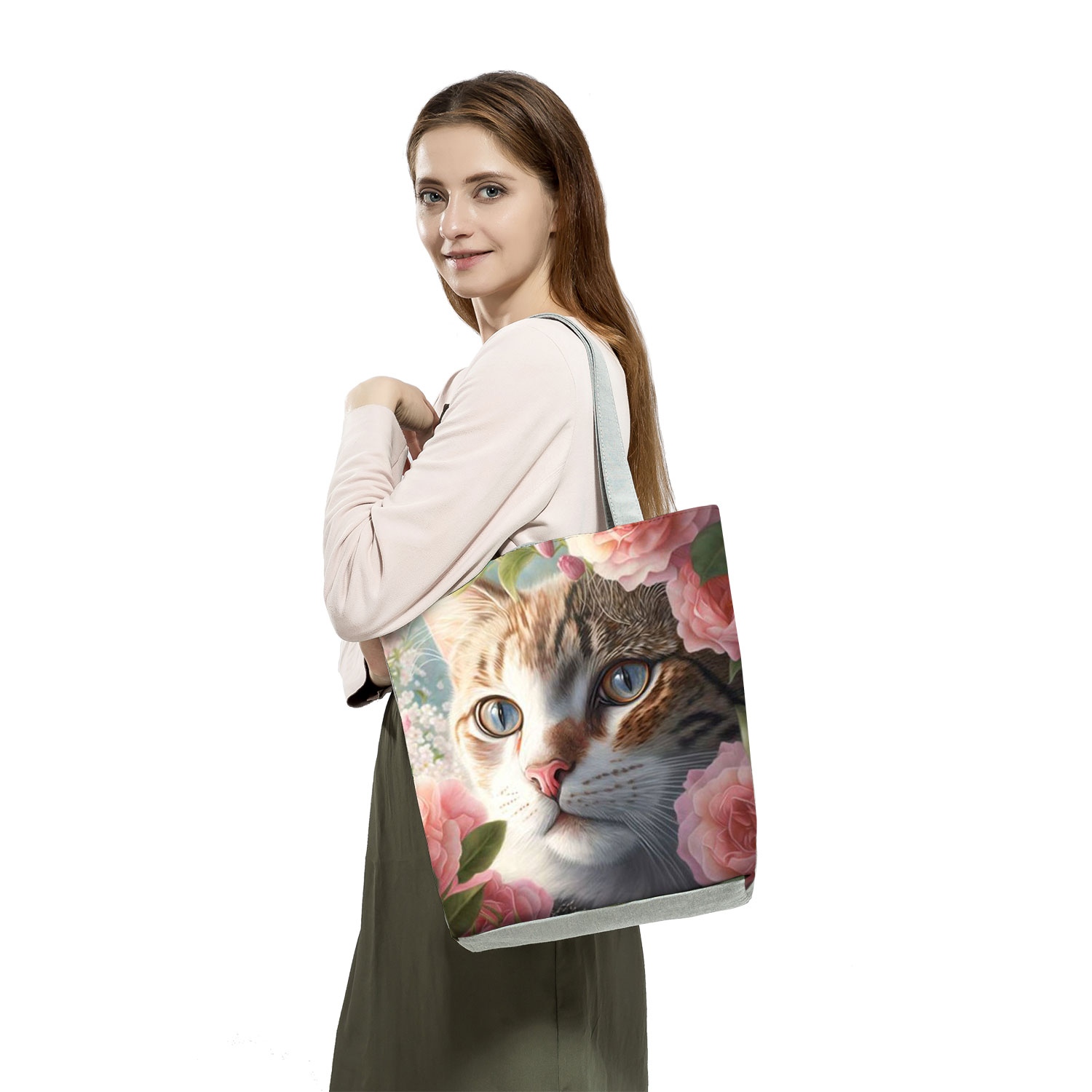 Pretty Cartoon Cat Print Handbags High Capacity Women Beach Tote Bags Cute Animal Graphic Eco Reusable Shopping Bags Portable
