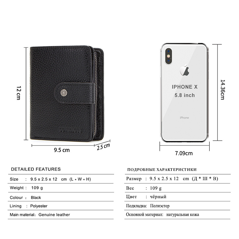 CONTACT'S Genuine Leather Men Wallets Retro Trifold Card Holders Zipper Coin Purses Women's Wallets Money Clip Female Handbags
