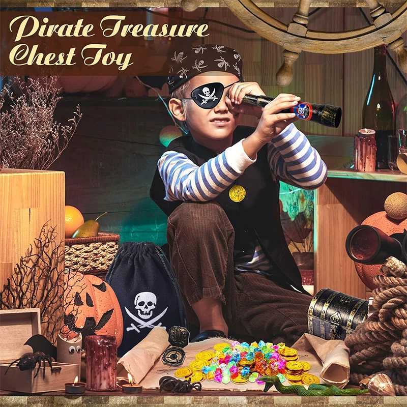 101 Pieces Pirate Treasure Chest Toy Box Gold Coins And Pirate Gems Jewelry Pirate Captain Cosplay Costume Props Halloween Decor Y240801