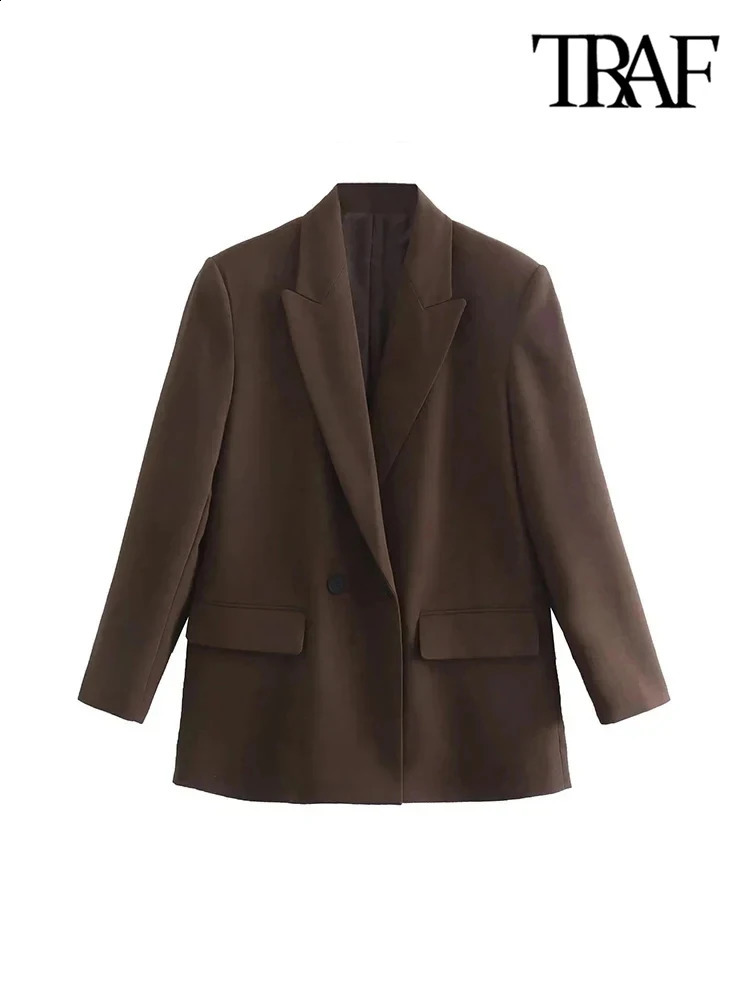 TRAF Womens Fashion Double Chest Loose Set Jacket Retro Long Sleeve Pocket Coat 240827