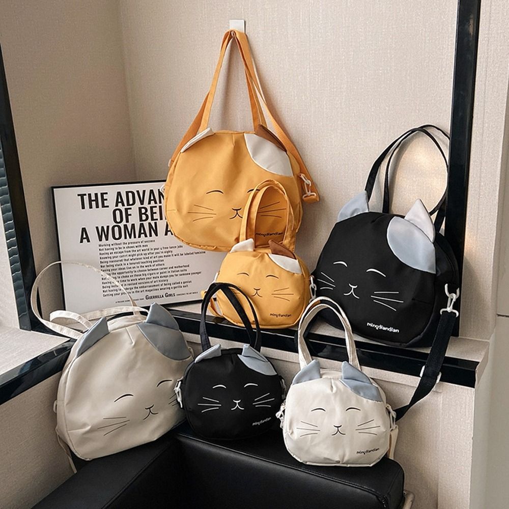 Casual Canvas Nylon Prints Cat Messenger Bag Large Capacity Shoulder Bag Handbag College Style Portable Crossbody Bag Students