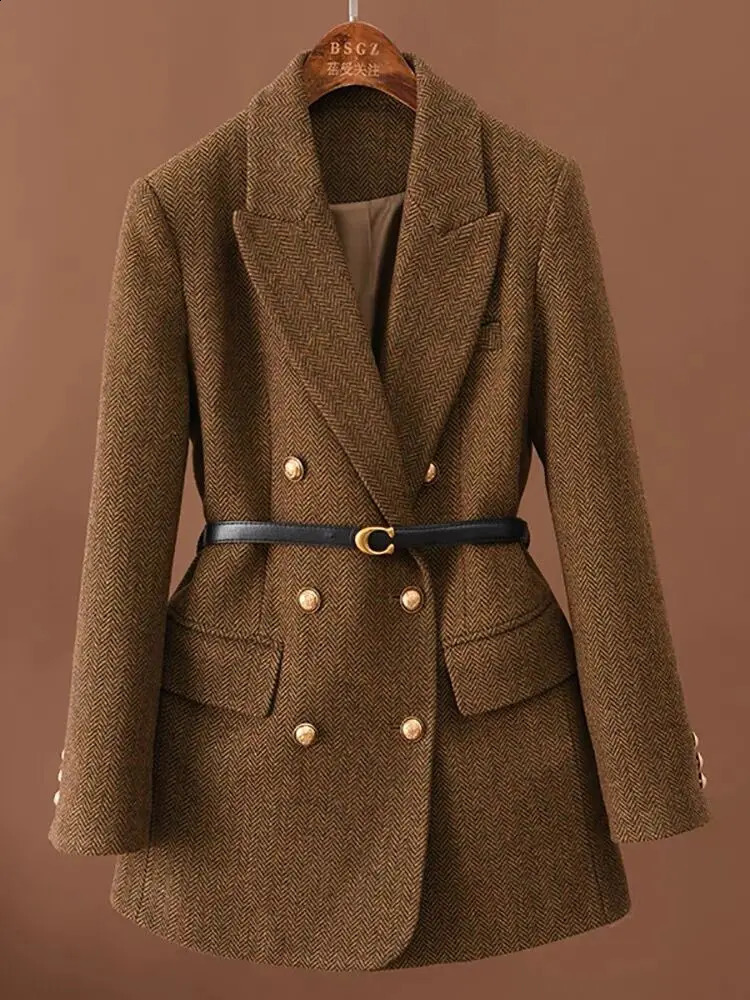 Womens Suits Coats Green Wool Blend Blazer with Belt for Autumn Winter 2025
