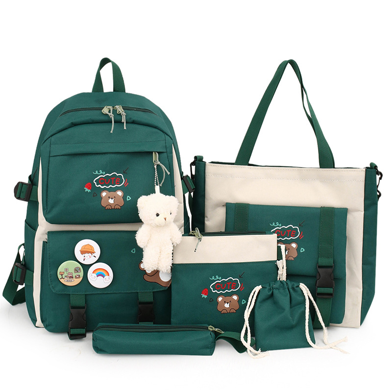 5pcs Ins High Capacity Canvas Student Backpack School Bags for Girls