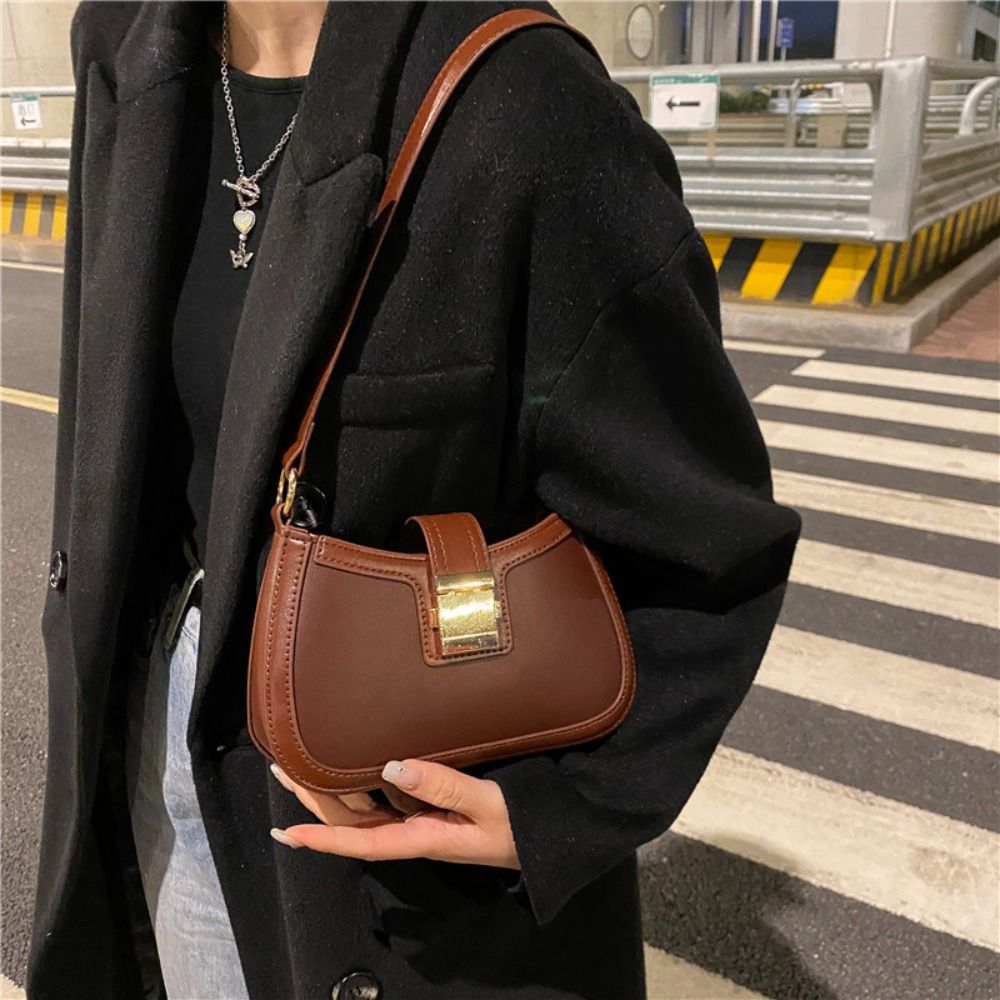 Vintage Trendy Ladies Underarm Shoulder Bag Solid Color Lacquer PU Leather Handbag Fashion Simple Female Purse