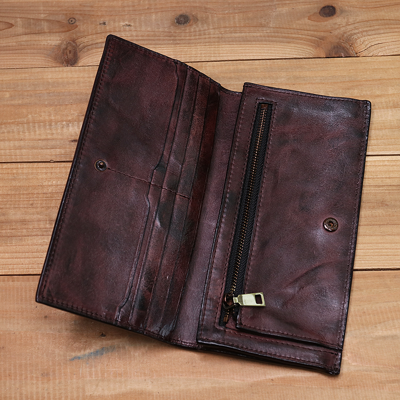 Genuine Leather Wallet For Men Women Vintage Retro Wrinkled Long Bifold Female Clutch Purse With Card Holder Zipper Coin Pocket