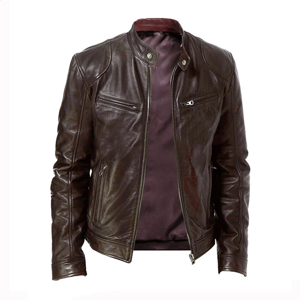 Spring Mens Stand-up Collar Slim Leather Jacket Zipper Pocket Decorative PU Coat Biker Men Clothes Casual Male 240822