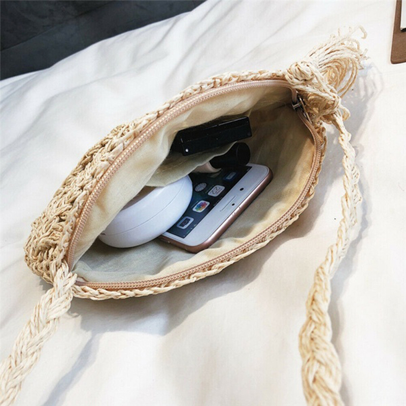 Casual Ladies Shoulder Bag New Street Round Rattan Wicker Woven Zipper Summer Beach Fashion Women Handbag