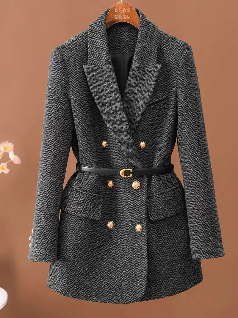 Womens Suits Coats Green Wool Blend Blazer with Belt for Autumn Winter 2025