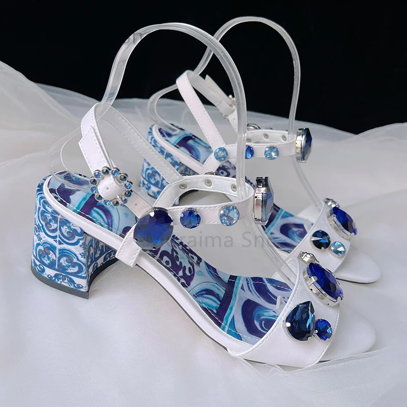 Diamond blue and white sandals womens summer 2024 Bohemian Rhinestone gemstone single strap block high-heeled sandals womens shoes 240731bj