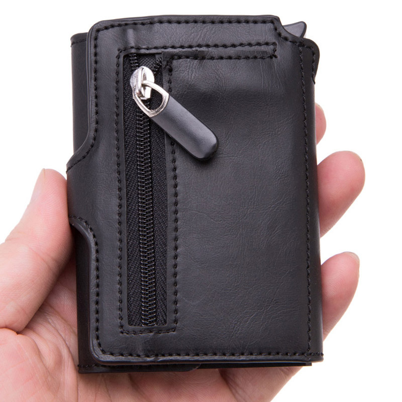 Taihaole Men RFID Button Credit Card Holder High Quality Metal Aluminum Auto Pop-up RFID ID Card Case Black Wallet Coin Purse
