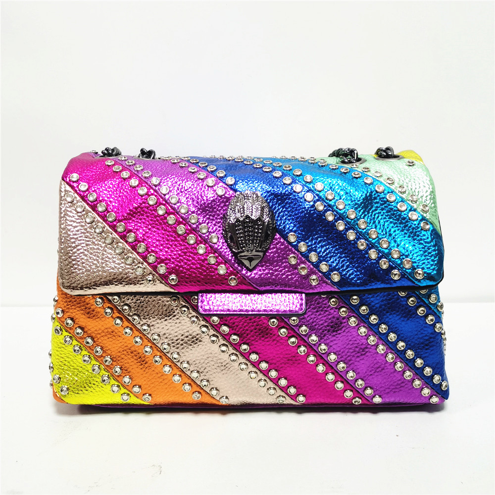 Summer Rainbow Diamond Studs Handbag Pattern Eagle Icon Head On Front Jointing Colorful Cross Body Bag Patchwork Shoulder Bag