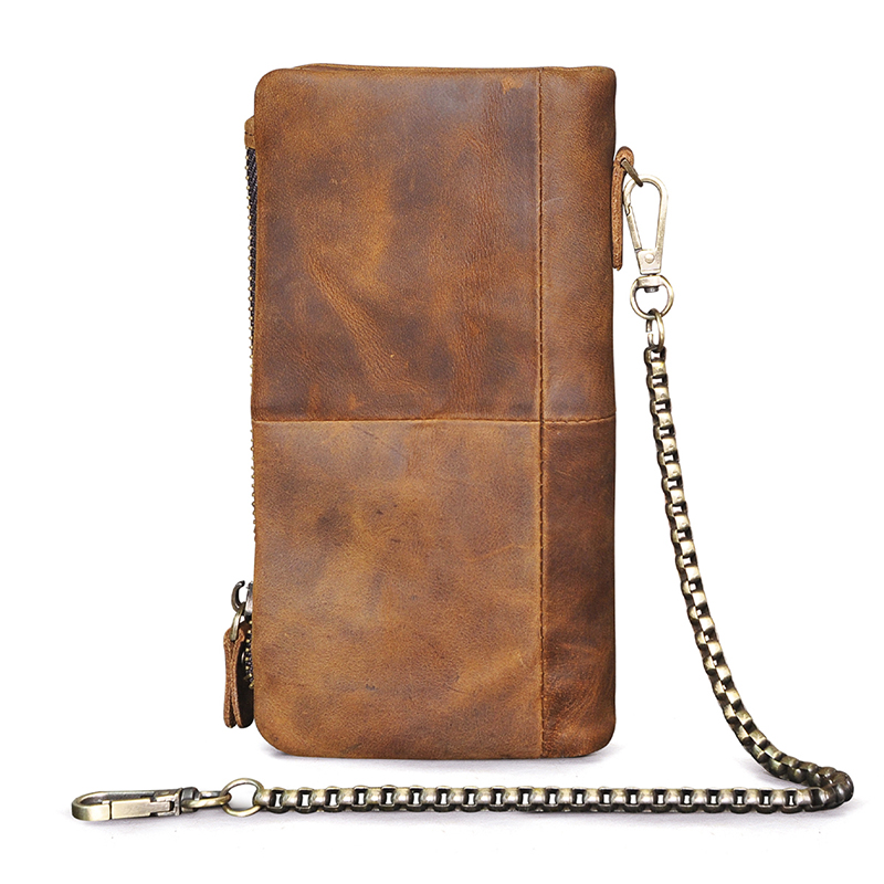 Original Real leather Retro Gift Long Business Card Holder Organizer Travel Chain Snap Wallet Purse For Men Male Design 1029