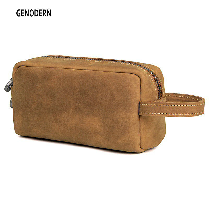 Genuine Leather Travel Cosmetic Bag For Men Travel Toiletry Bag Dopp Kit Organizer Large Capacity Vintage Crazy Horse Skin Bag