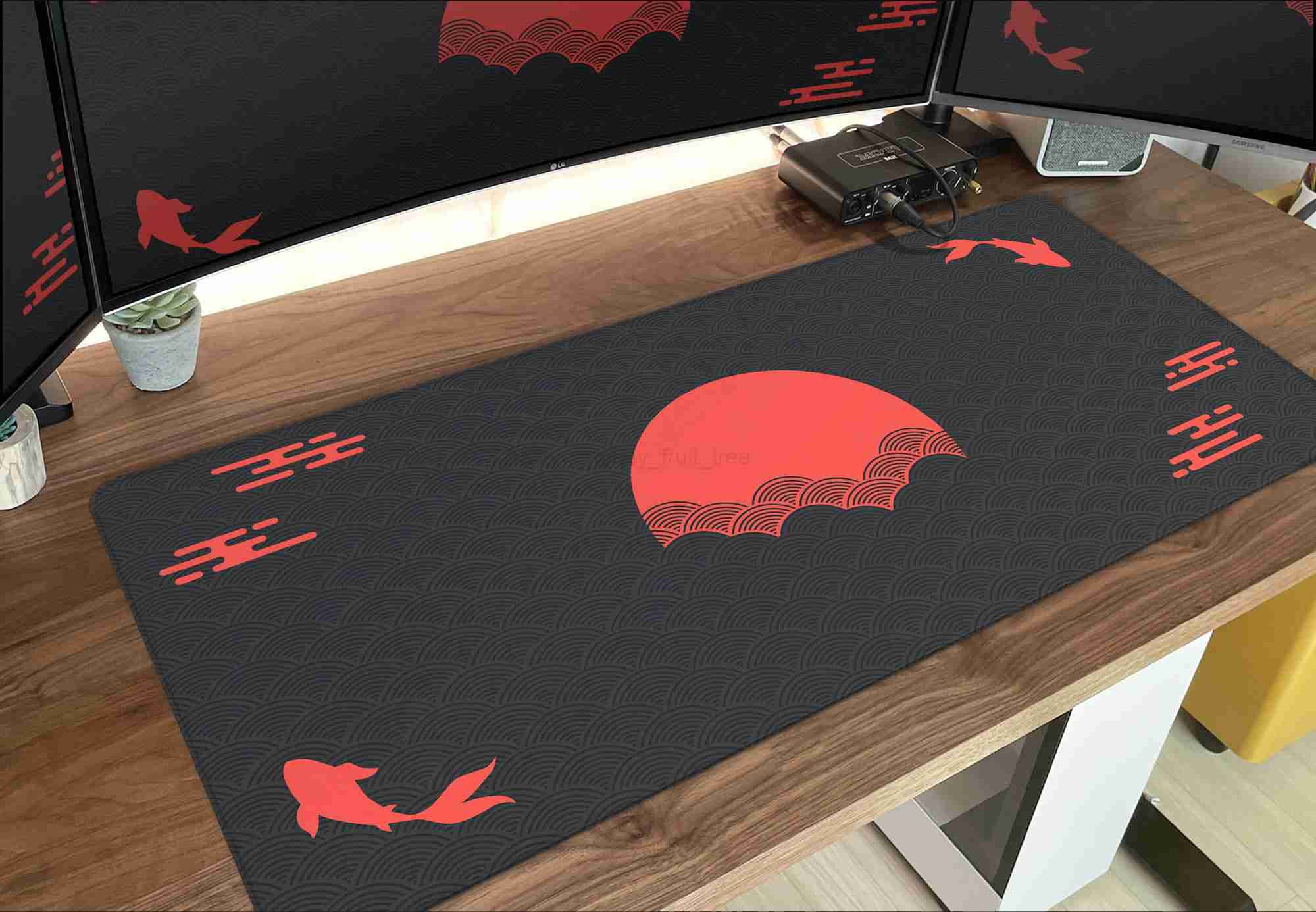 Japanese Desk Mat Black Red Mouse Pad Koi Fish Sun Cloud Japan Art Seal Sunrise Large XXL Gaming Deskmat Rubber Mousepad 90x40M240802