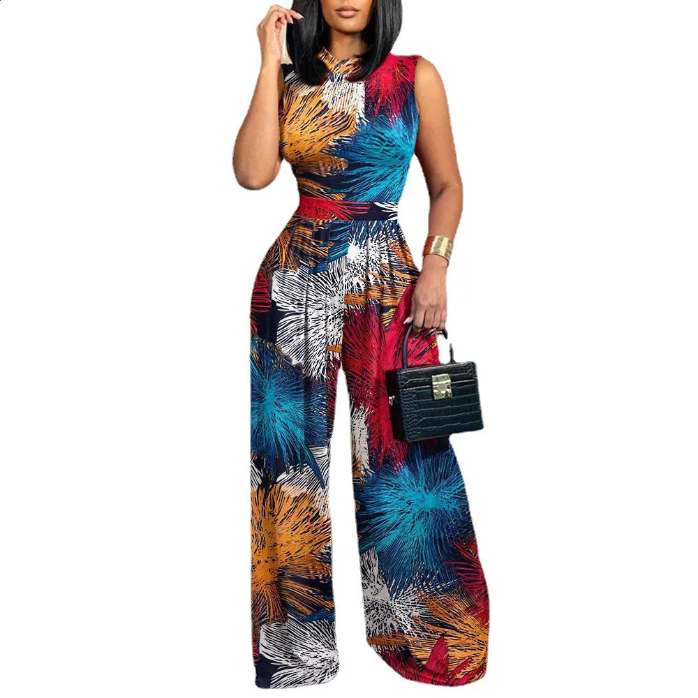 Women Sleeveless High Waist Wide Leg Pants Jumpsuits Playsuit O Neck Floral Flower Printed Full Length 240802