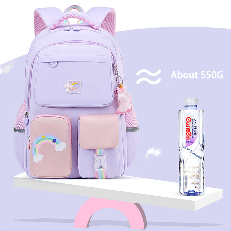 Fashion Kids School Backpack with Rainbow Shoulder Strap Waterproof Lightweight Girls School Bag Trendy Children Bookbag Mochila for Teenagers
