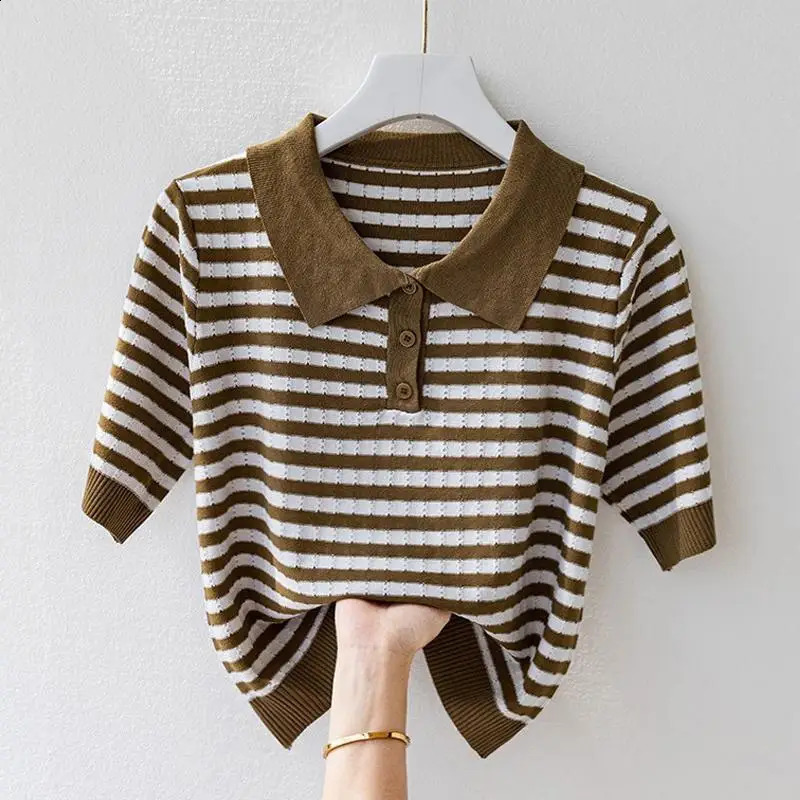 Fashion Women Short Sleeve Striped Knitted Polo Shirts Spring Summer All-match Tees Female Clothing Pullover Bottoming Tops 240801