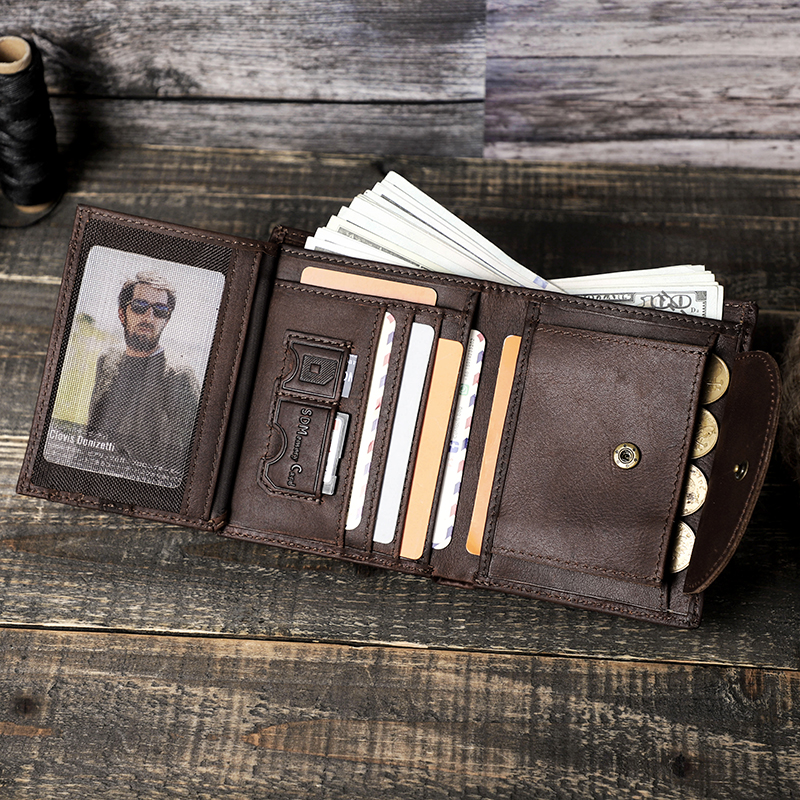 CONTACT'S RFID Wallets for Men Genuine Leather Short Trifold Men's Wallet Card Holders Coin Purses Money Clip Male Wallets Bags