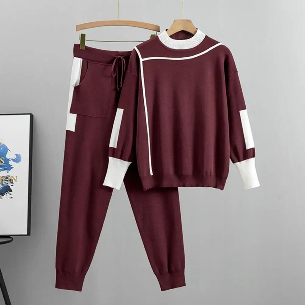 Womens Autumn Winter O Neck Sweater Two Piece Set Female Knitted Pants Suits Fashion Casual Pullover Tracksuits Outwear 240801