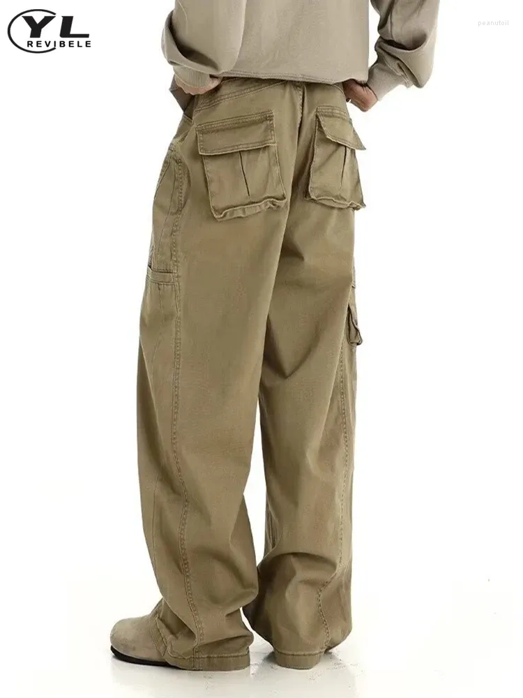 Mens Pants American Vintage Wide Leg Cargo Pant High Waist Solid Color Mtiple Pockets Jogging Spring Baggy Straight Trousers Drop Deli Otqex