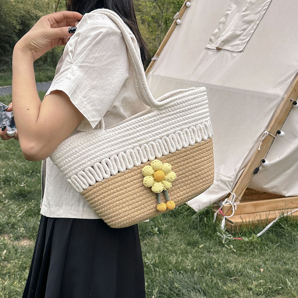 Knitted Straw Bag Summer Flower Bohemia Fashion Women's Handbags Color Stripes Crochet Shoulder Bags Beach Bag Big Tote Bags