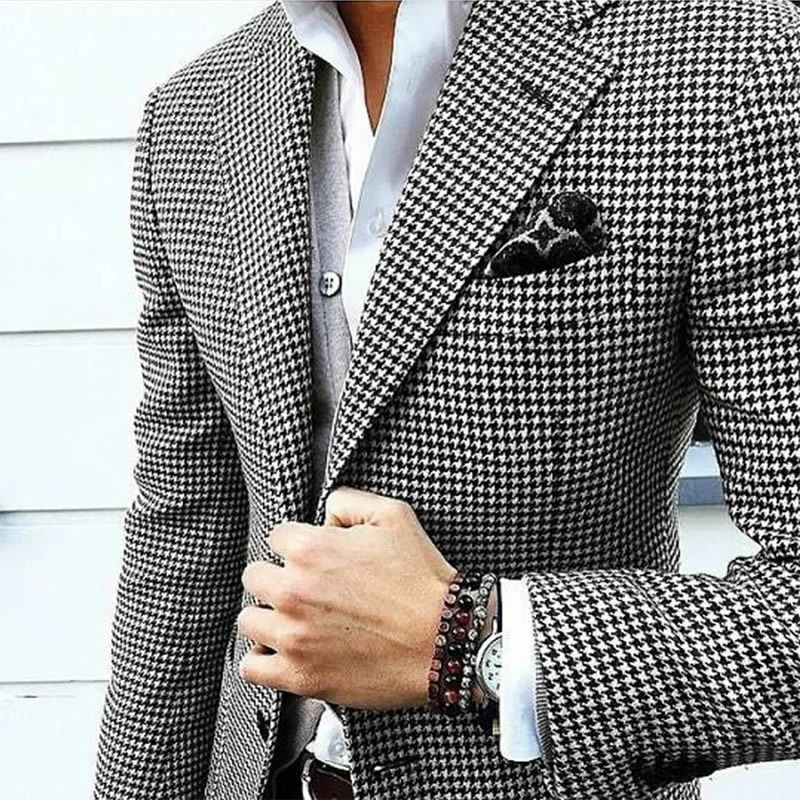 Italian Style Men's Blazer Houndstooth Casual Man Suit Jacket Notched Lapel 1 Piece Check Wedding Coat for Prom Party 2024