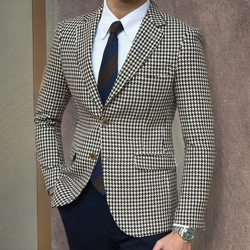 Houndstooth Plaid Blazer for Men One Piece Suit Jacket with 2 Side Slit Slim Fit Casual Male Coat Fashion Clothes 2024