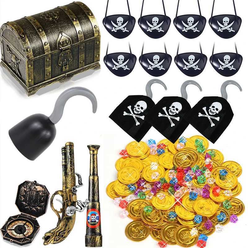 101 Pieces Pirate Treasure Chest Toy Box Gold Coins And Pirate Gems Jewelry Pirate Captain Cosplay Costume Props Halloween Decor Y240801
