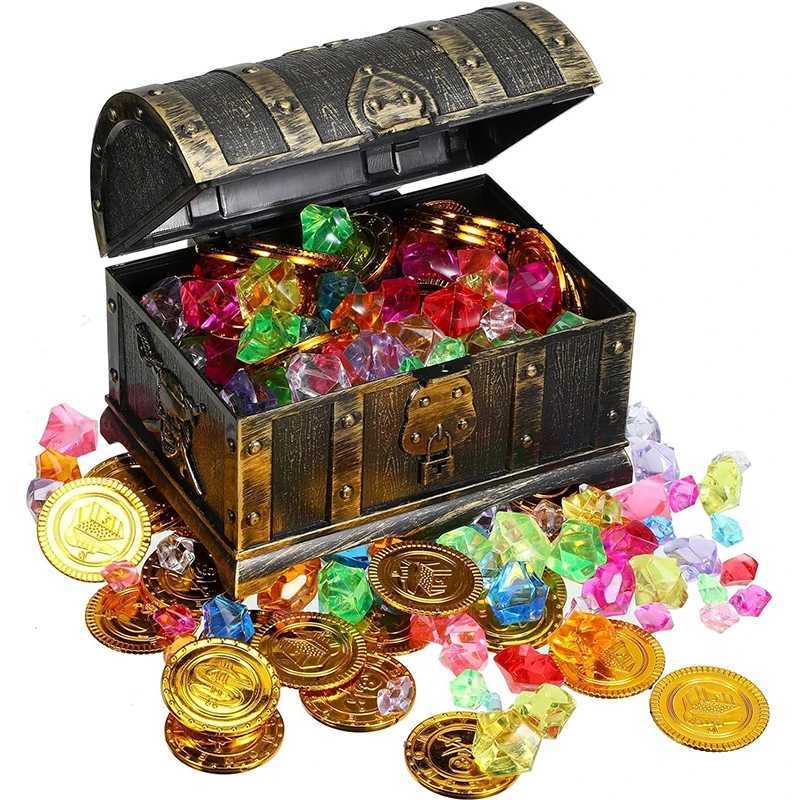 101 Pieces Pirate Treasure Chest Toy Box Gold Coins And Pirate Gems Jewelry Pirate Captain Cosplay Costume Props Halloween Decor Y240801