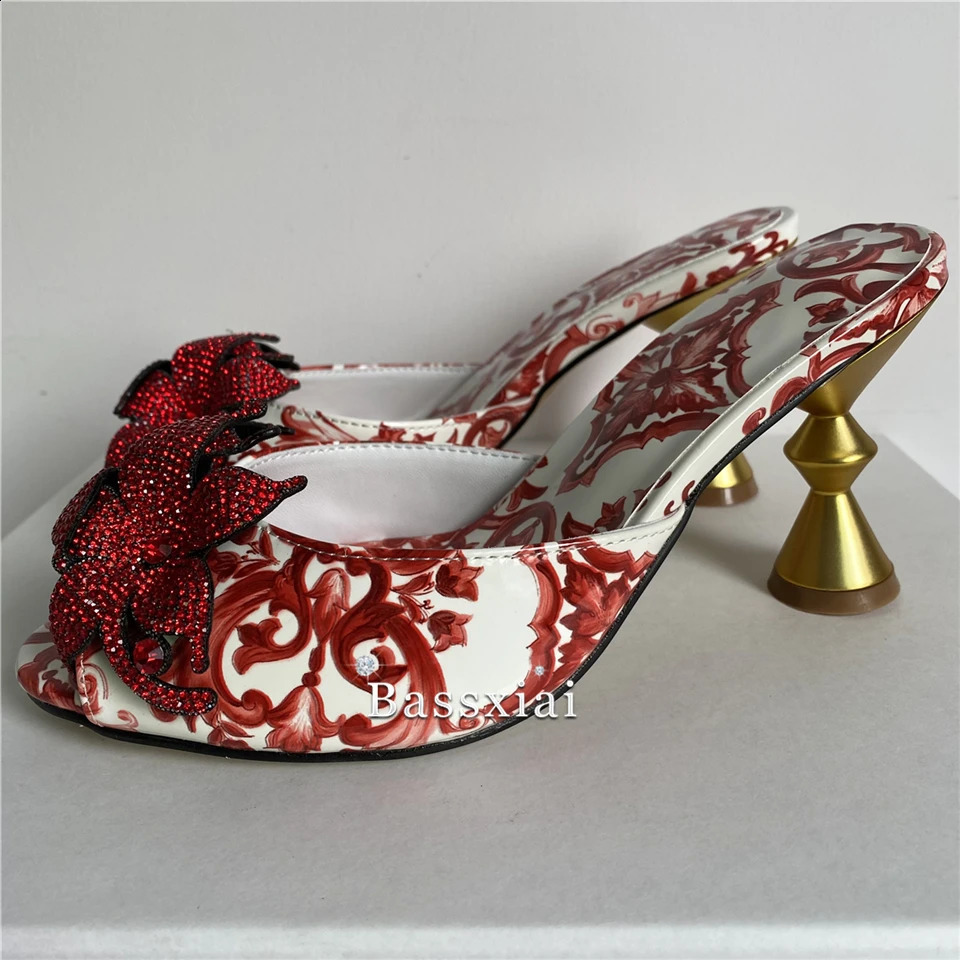 Unique printed genuine leather modern sandals for women with strange metal heels crystal rhinestone flower suspenders mules summer 240731