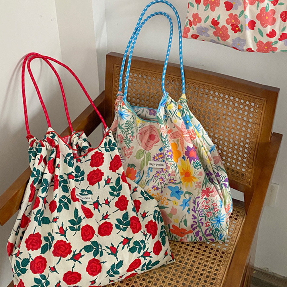 Floral Printed Canvas Shoulder Bag Books Bag Large Capacity Reusable Ladies Totes Simple Fashion Casual Shopping Bags For Women