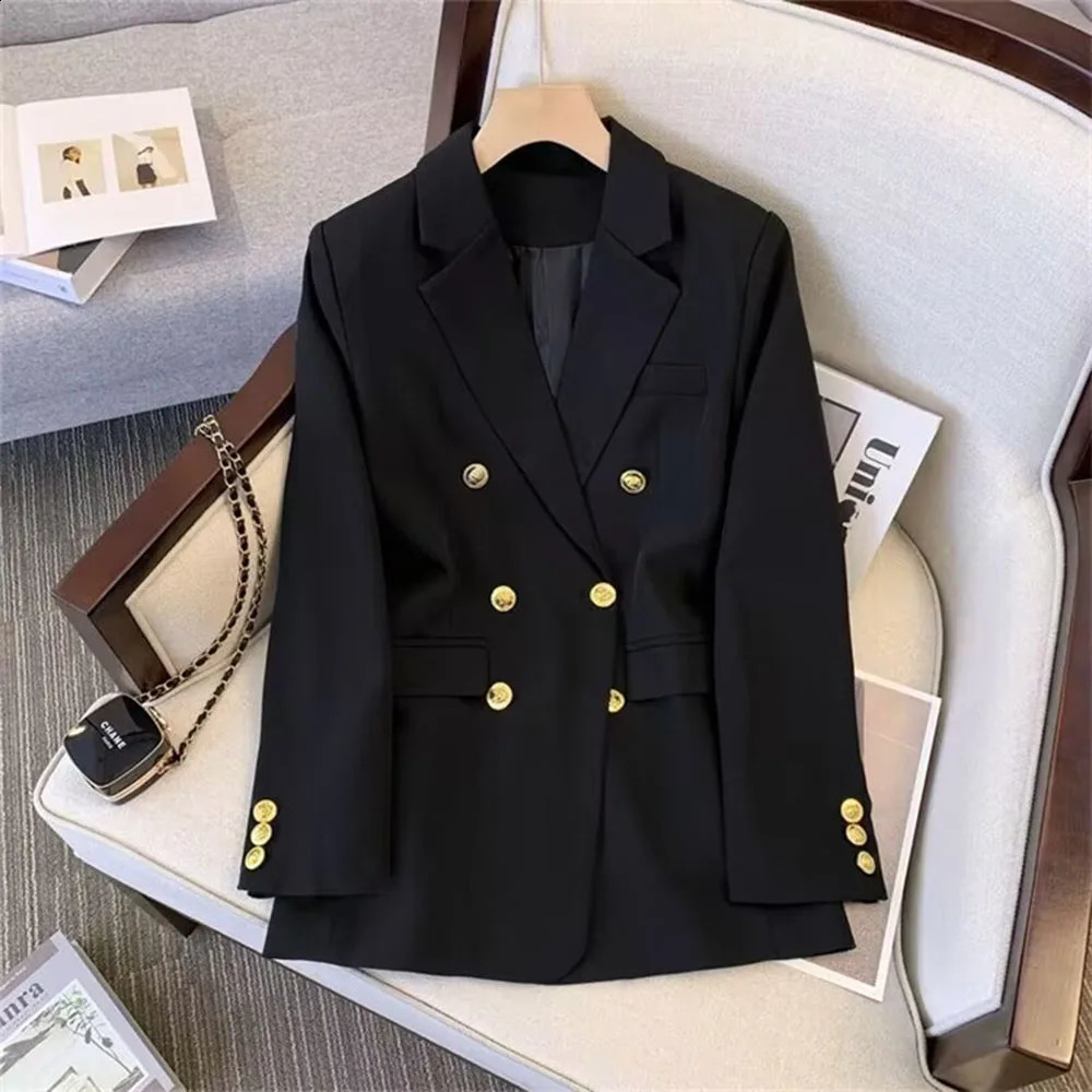 Stylish Womens Long Sleeve Spring Blazer Slim Fit Black Double-Breasted Outerwear Jacket
