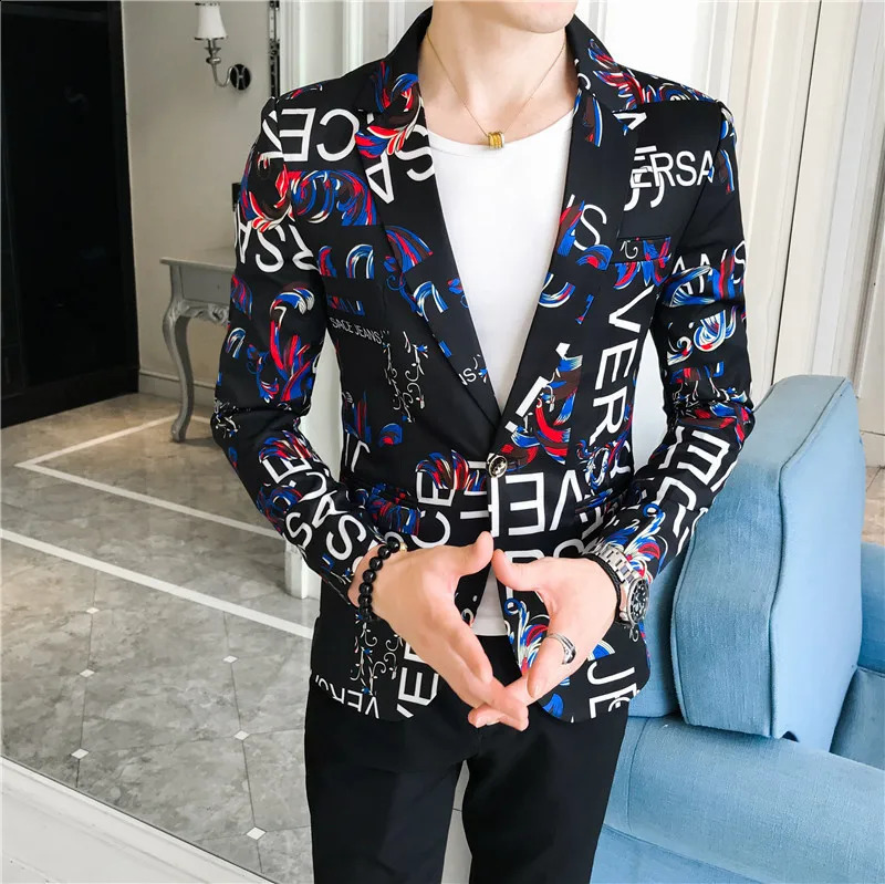 spring and autumn mens personality trend printing slim button suit trendy small suit jacket men 240802