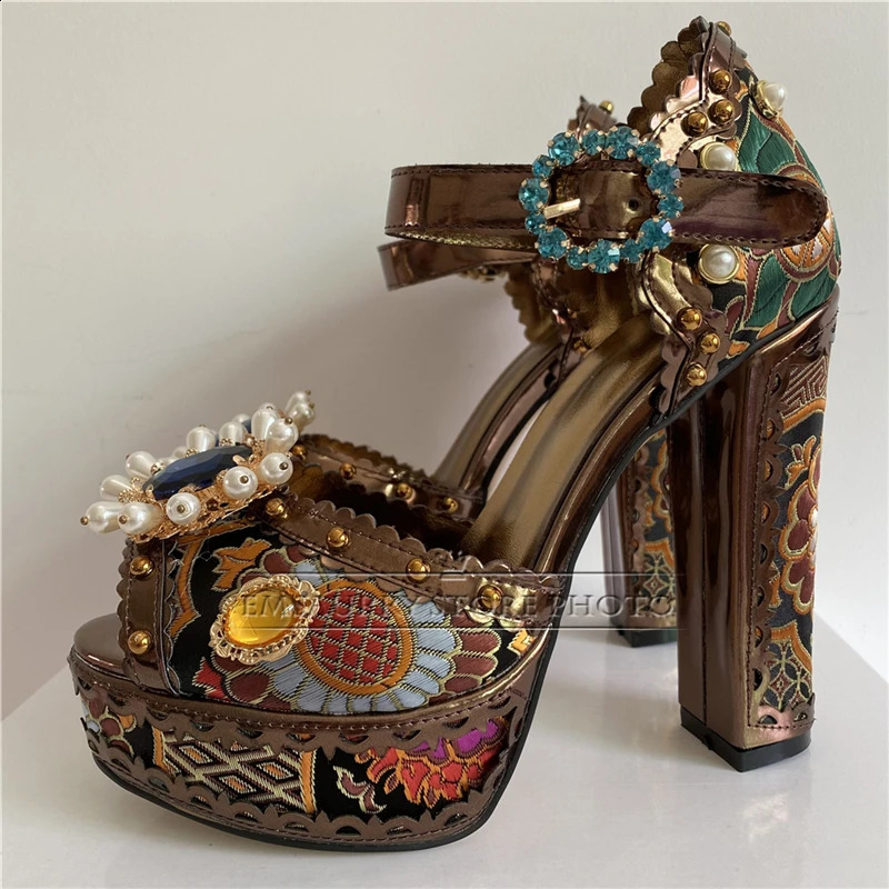 High quality embroidered satin party shoes summer pearl thick high heels rhinestone platform sandals for women 240731