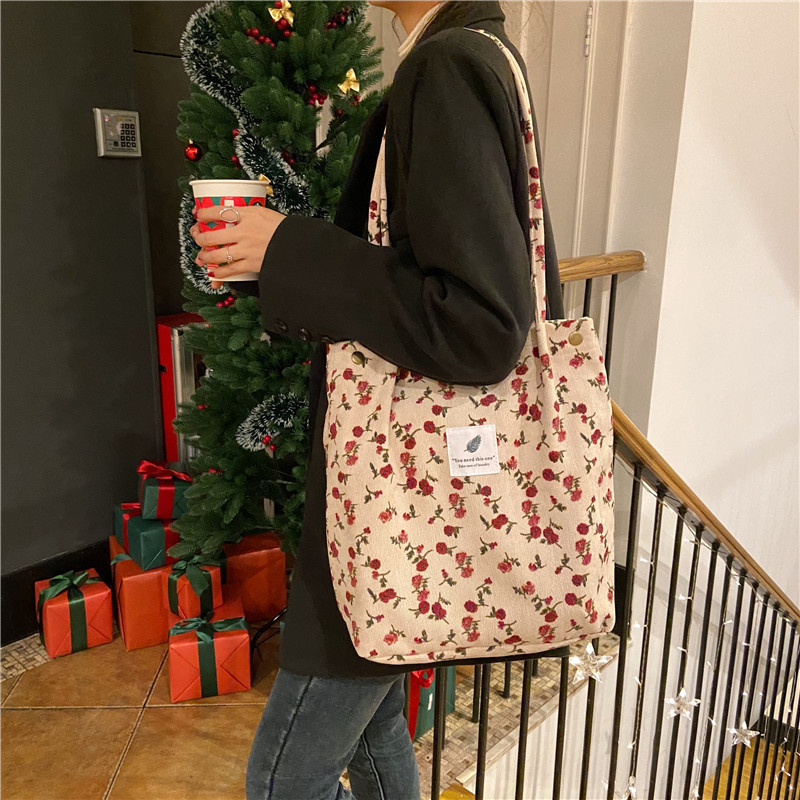 Women Corduroy Shoulder Bags Canvas Lining Leopard Design Eco Cotton Cloth Handbag Cute Books Tote Handy Shopping Bag For Ladies