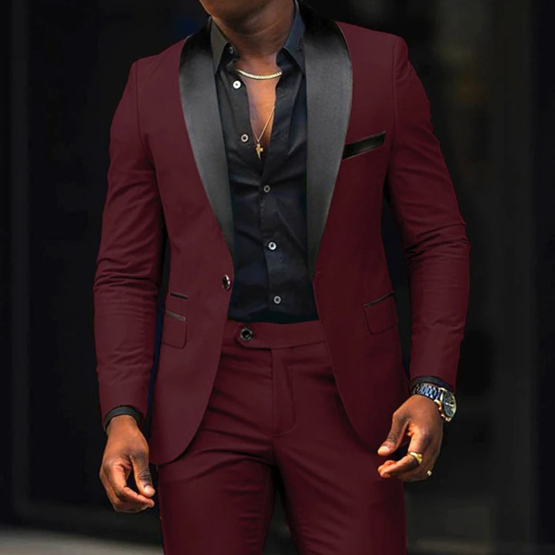 Fashion Men Boutique Business Stretch Fabric Double Slit Solid Color Suit Pants Two Piece Set Dress Blazers Jacket Trousers 240802