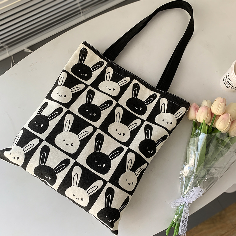 Cute Rabbit Canvas Women's Shoulder Shopping Bag Large Capacity Handbags Girl Student Class Zipper Korean Tote Shopper Fashion