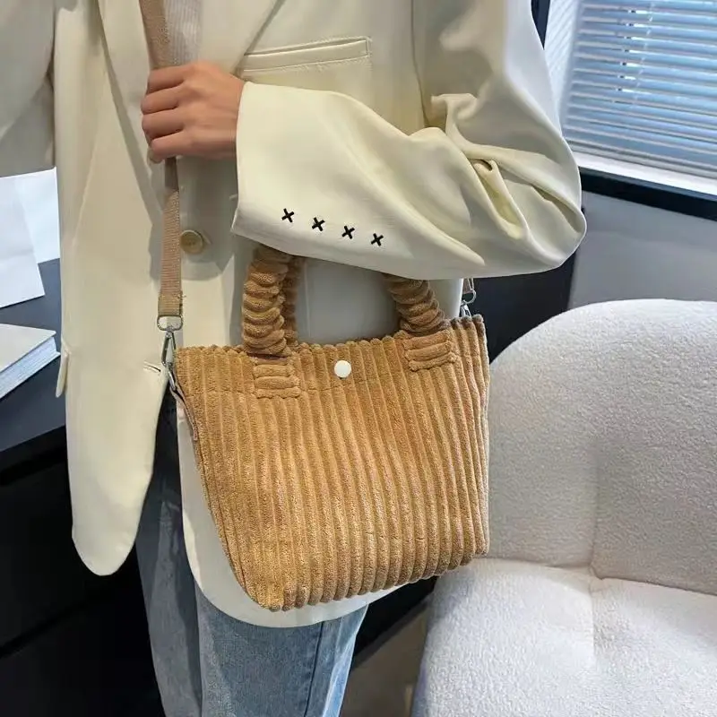 Fashion Corduroy Women's Bag 2023 Trend New Handbags Niche Versatile Bucket Shoulder Bags Female Nylon Button Crossbody Bags