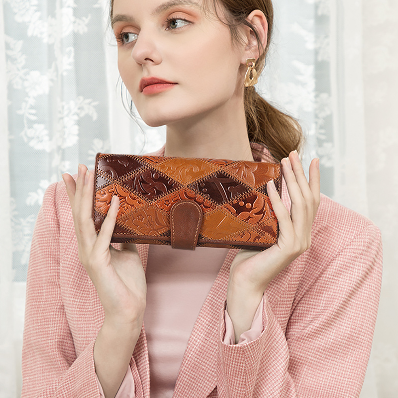 New Genuine Leather Purse Coin Long Wallet For Women Fashion Lady Luxury Phone Money Bags Patchwork Vintage Female Print Clutch