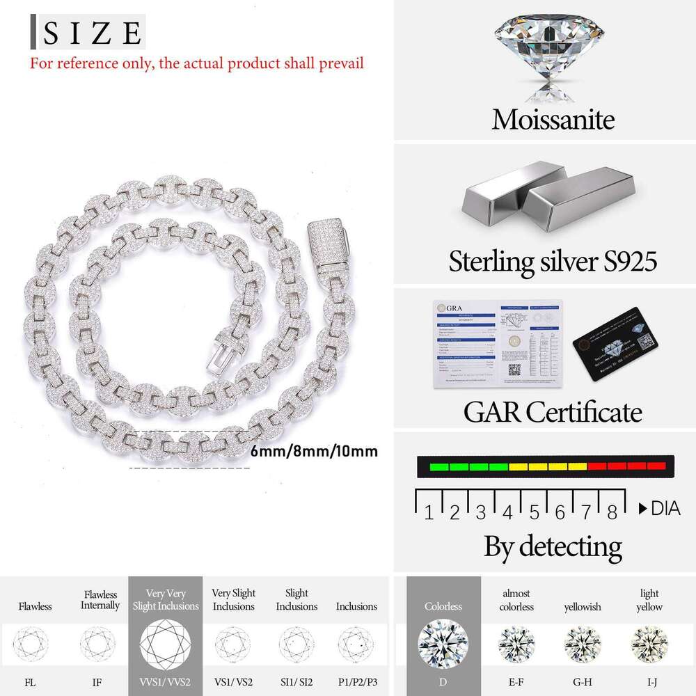 Fashion 6mm 8mm 10mm Moissanite k Chain Sterg Sier VVS Mossanite Iced Out Hiphop Jewelry Cuban Necklace For Men