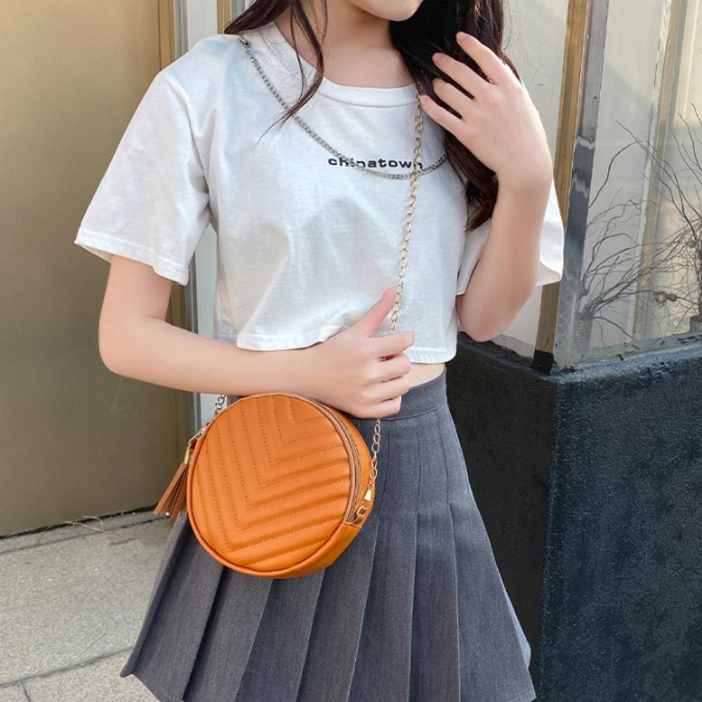Fashion Women Round Bag PU Leather Women's Circular Crossbody Shoulder Bags with Tassel Ladies Purse Female Handbag