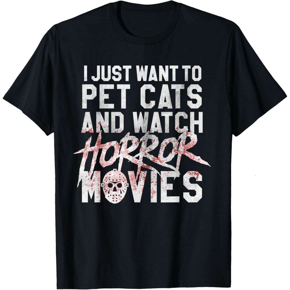 T shirt Mens Funny Horror Movie Fan - Halloween Cat Lover Gift T-Shirt shirts tshirt graphic tee Casual tops summer clothes Short sleeve Free shipping