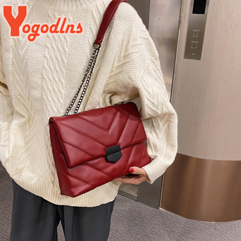 Yogodlns Thread PU Leather Crossbody Women Fashion Chain Messenger Shoulder Bags Female Large Capacity Lady Handbag