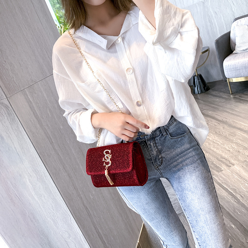 Fashion Ladies Small Square Bags Girls Crossbody Women Shoulder Bag Chain Tassel Pendant Sequin Decoration PU Material