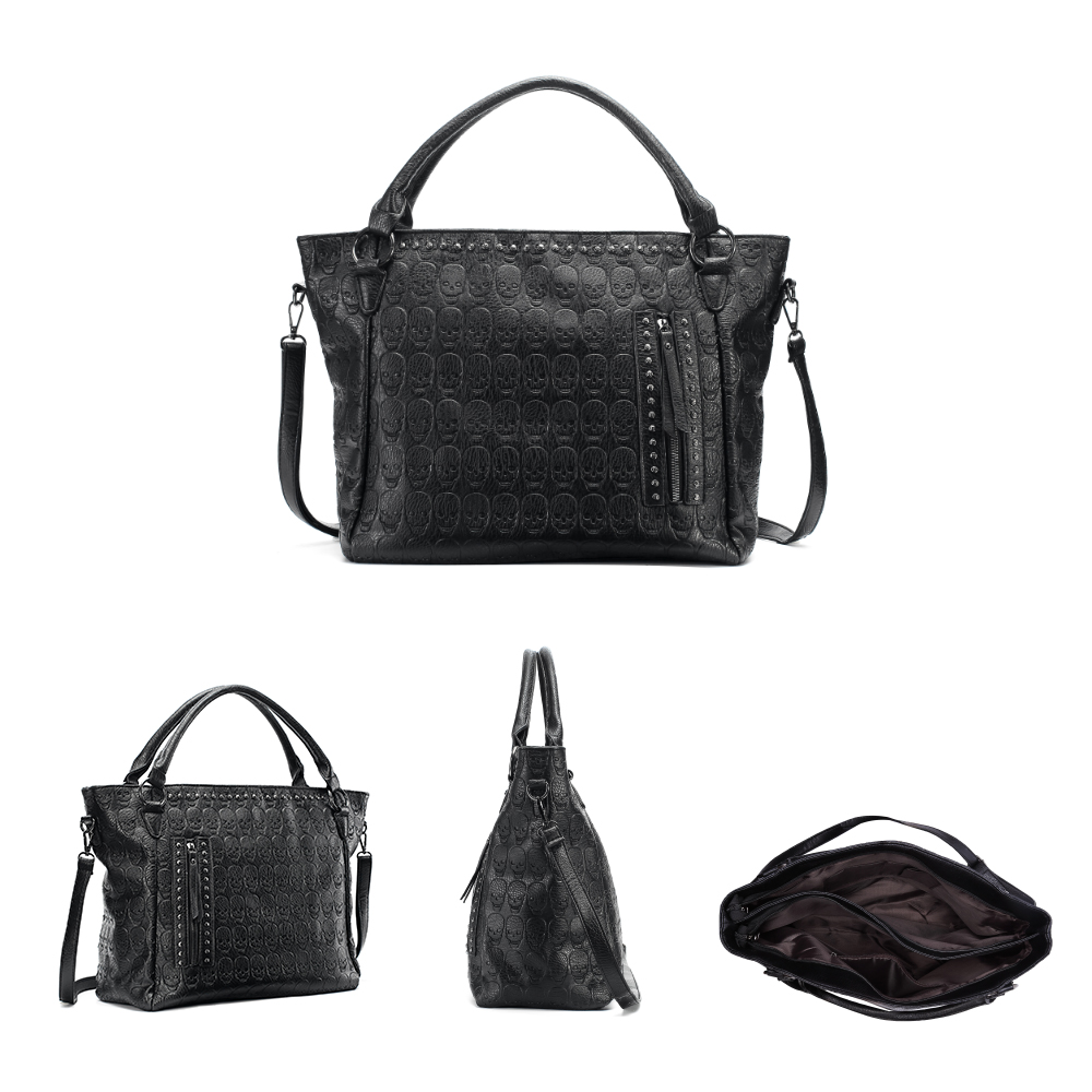 Annmouler Brand Women Large Capacity Bags Pu Leather Black Handbag Punk Skull Tote Bag Dress Tote Bag 2022 New Crossbody Bags