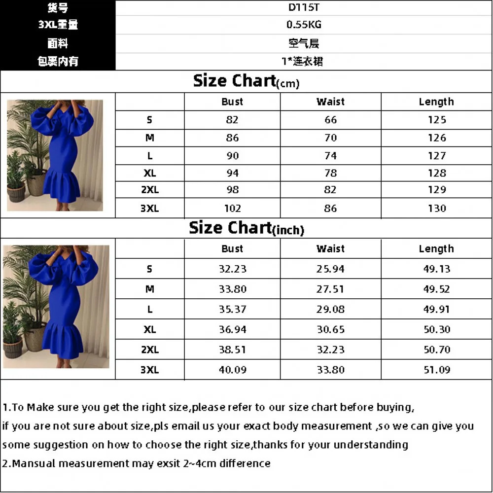 Plus size casual elegant womens fashionable solid color Vneck bubble long sleeved fishtail dress party evening 240820