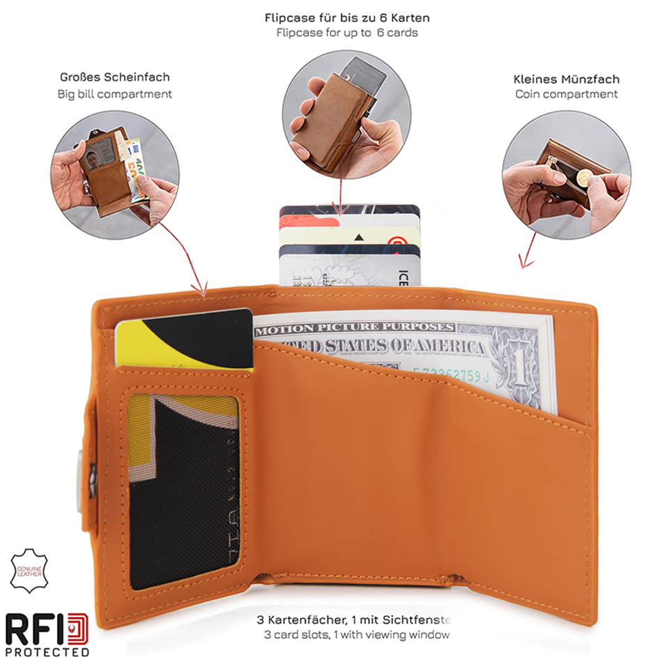 Choice Fashion Aluminum Credit Card Wallet RFID Blocking Trifold Smart Luxury Leather Men Wallets Slim with Coin Pocket Vallet