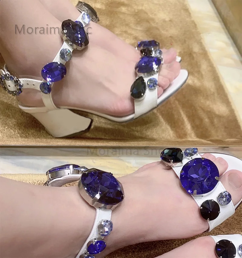Diamond blue and white sandals womens summer 2024 Bohemian Rhinestone gemstone single strap block high-heeled sandals womens shoes 240731bj