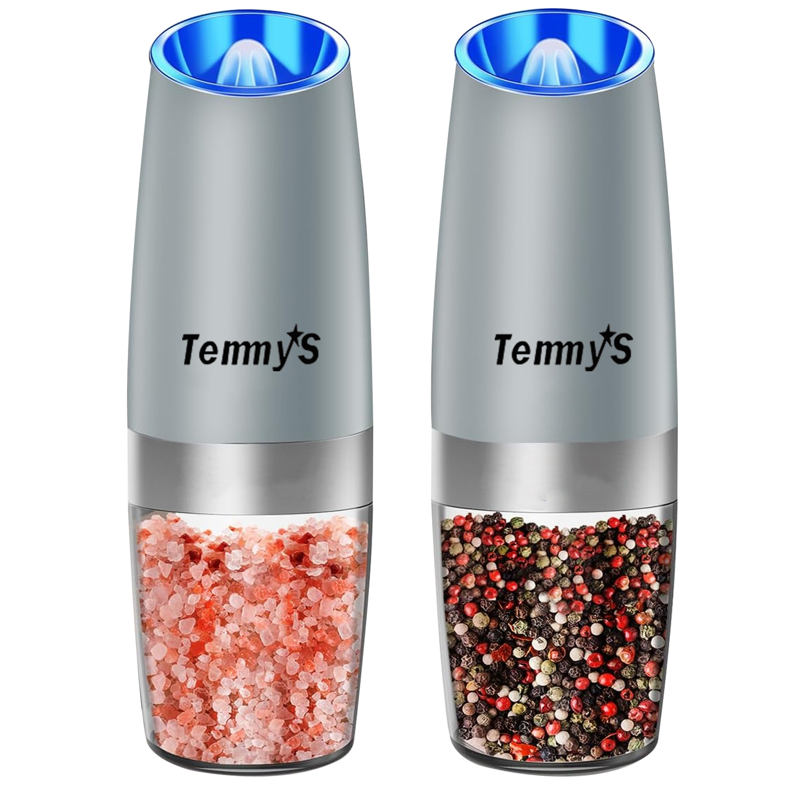2 gravity electric salt and pepper grinders with adjustable roughness, battery powered LED lights, one handed automatic operation