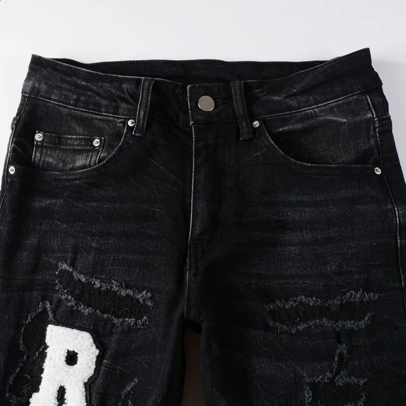 Mens High Street Black Jeans Embroidered Letter Tight Elastic Jeans 240829